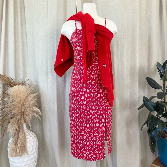 Zara | Dresses | Zara Red Knit Slip Dress With Side Slit Spaghetti Strap  Women Leaf Print | Poshmark